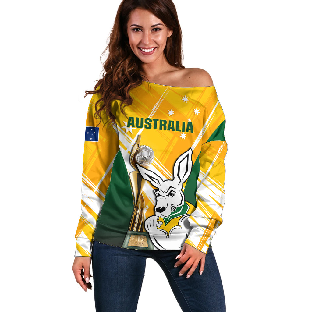 Custom Australia Soccer Off Shoulder Sweater Matildas Kangaroo With World Cup Trophy 2023 Yellow Version