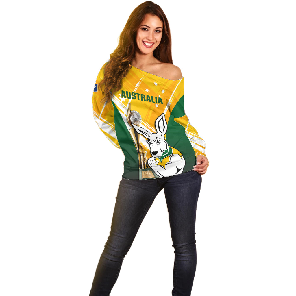 Custom Australia Soccer Off Shoulder Sweater Matildas Kangaroo With World Cup Trophy 2023 Yellow Version