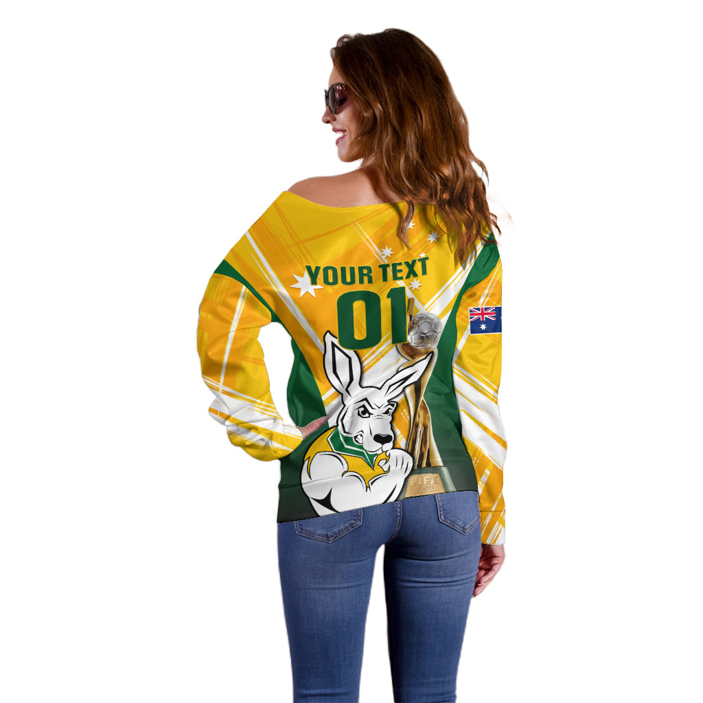Custom Australia Soccer Off Shoulder Sweater Matildas Kangaroo With World Cup Trophy 2023 Yellow Version