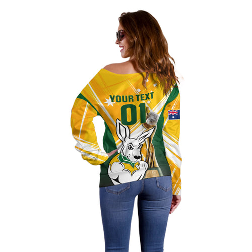 Custom Australia Soccer Off Shoulder Sweater Matildas Kangaroo With World Cup Trophy 2023 Yellow Version