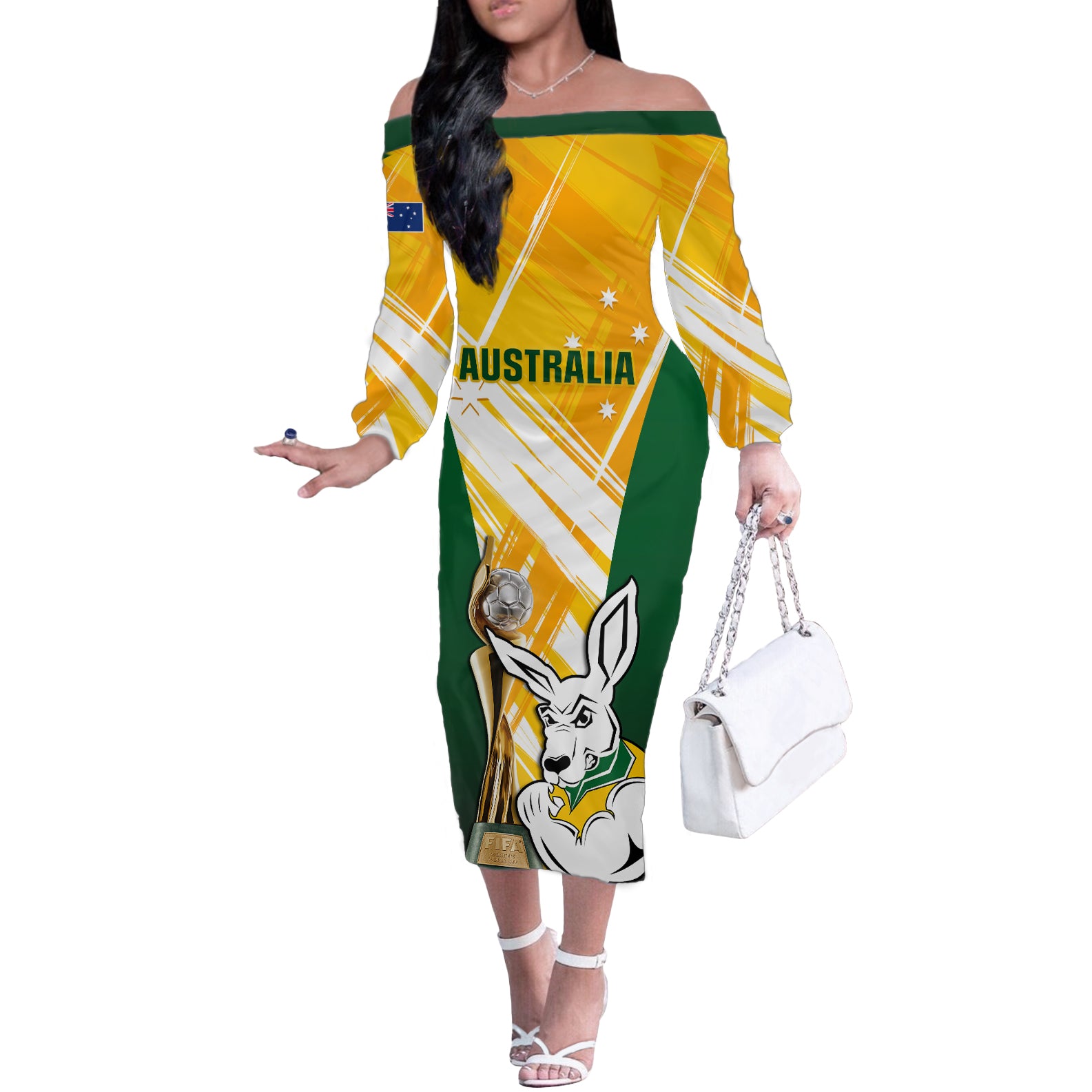 Custom Australia Soccer Off The Shoulder Long Sleeve Dress Matildas Kangaroo With World Cup Trophy 2023 Yellow Version