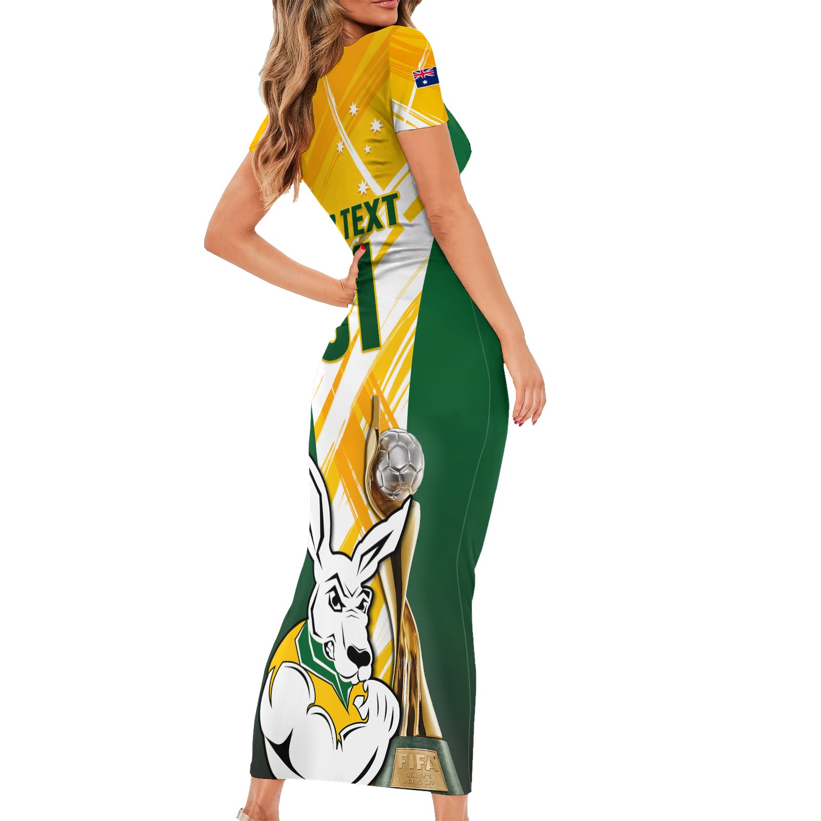 Custom Australia Soccer Short Sleeve Bodycon Dress Matildas Kangaroo With World Cup Trophy 2023 Yellow Version