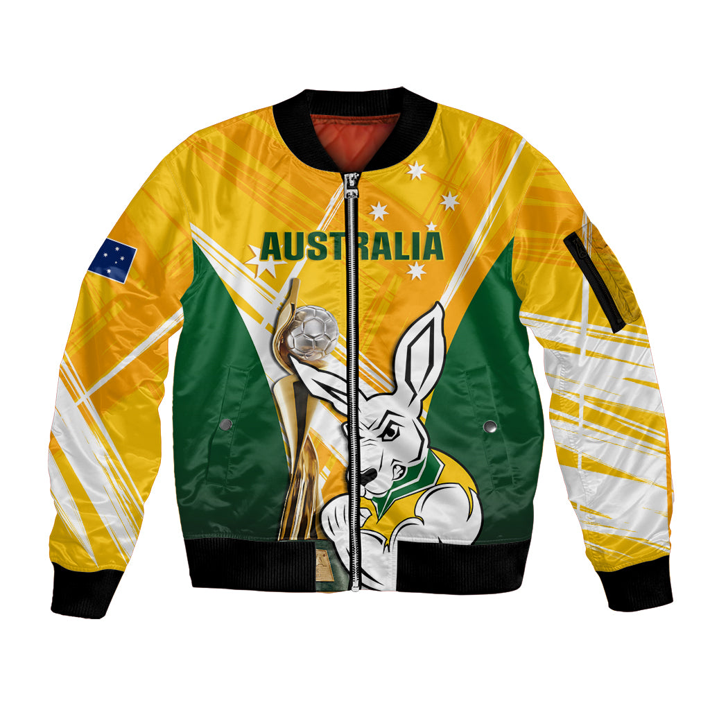 Custom Australia Soccer Sleeve Zip Bomber Jacket Matildas Kangaroo With World Cup Trophy 2023 Yellow Version