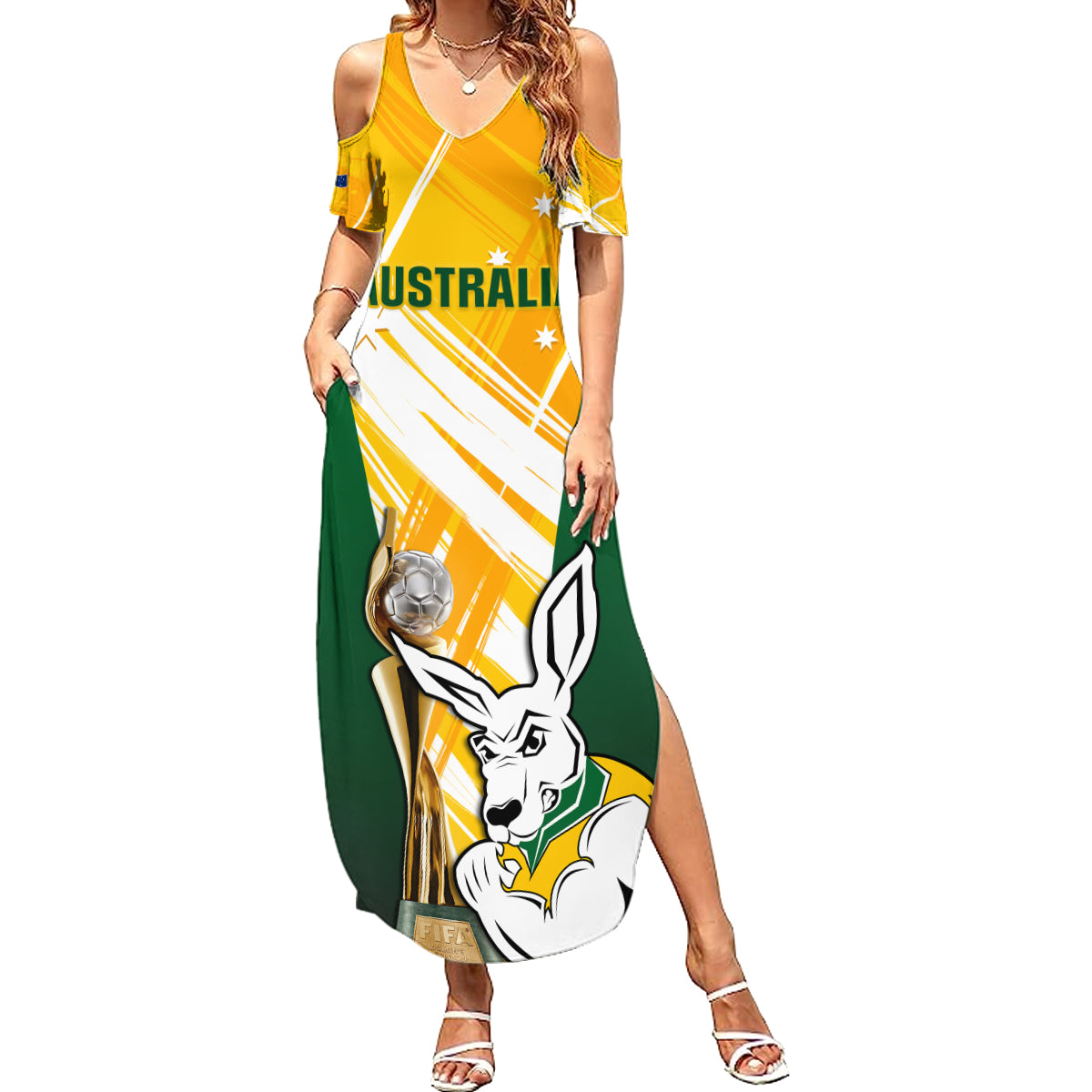 Custom Australia Soccer Summer Maxi Dress Matildas Kangaroo With World Cup Trophy 2023 Yellow Version