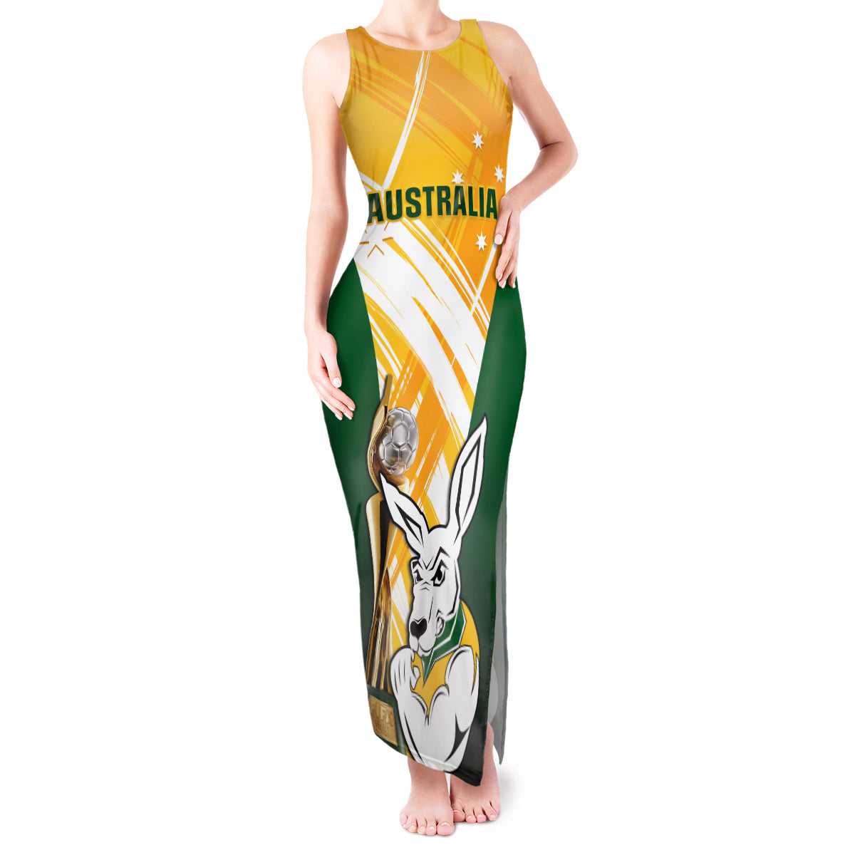 Custom Australia Soccer Tank Maxi Dress Matildas Kangaroo With World Cup Trophy 2023 Yellow Version