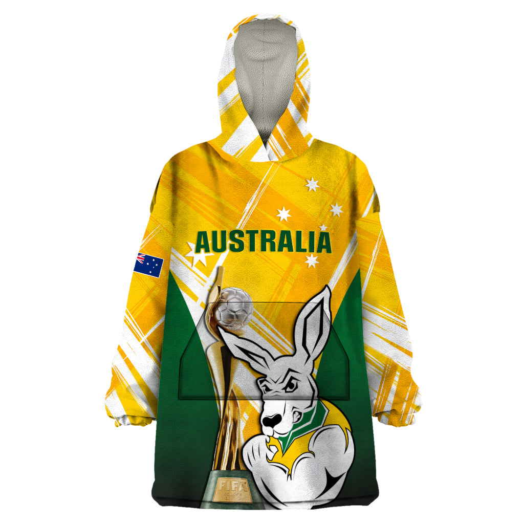 Custom Australia Soccer Wearable Blanket Hoodie Matildas Kangaroo With World Cup Trophy 2023 Yellow Version