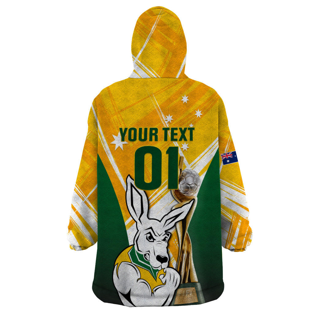 Custom Australia Soccer Wearable Blanket Hoodie Matildas Kangaroo With World Cup Trophy 2023 Yellow Version