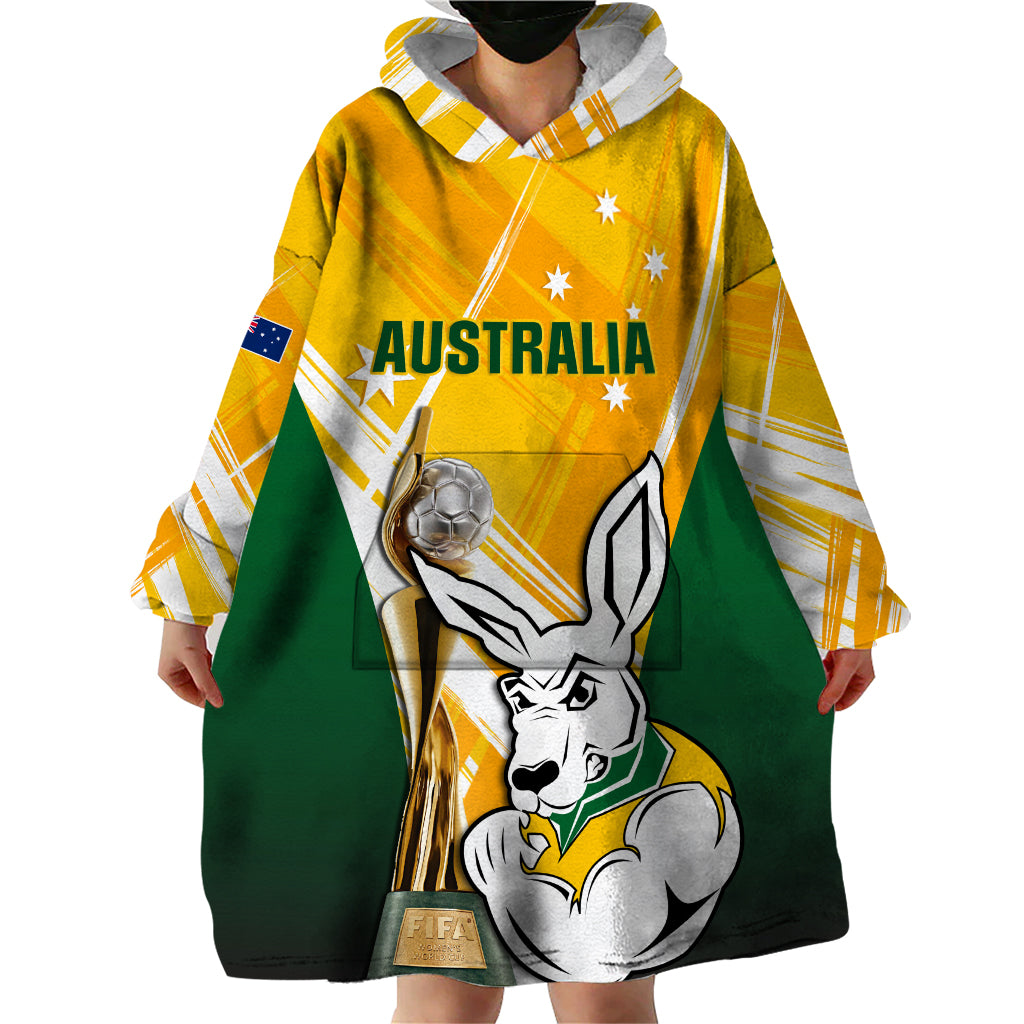 Custom Australia Soccer Wearable Blanket Hoodie Matildas Kangaroo With World Cup Trophy 2023 Yellow Version