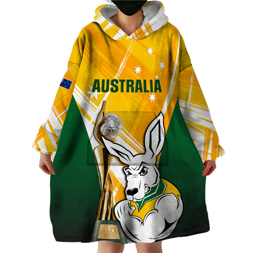 Custom Australia Soccer Wearable Blanket Hoodie Matildas Kangaroo With World Cup Trophy 2023 Yellow Version