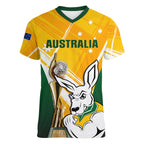 Custom Australia Soccer Women V Neck T Shirt Matildas Kangaroo With World Cup Trophy 2023 Yellow Version
