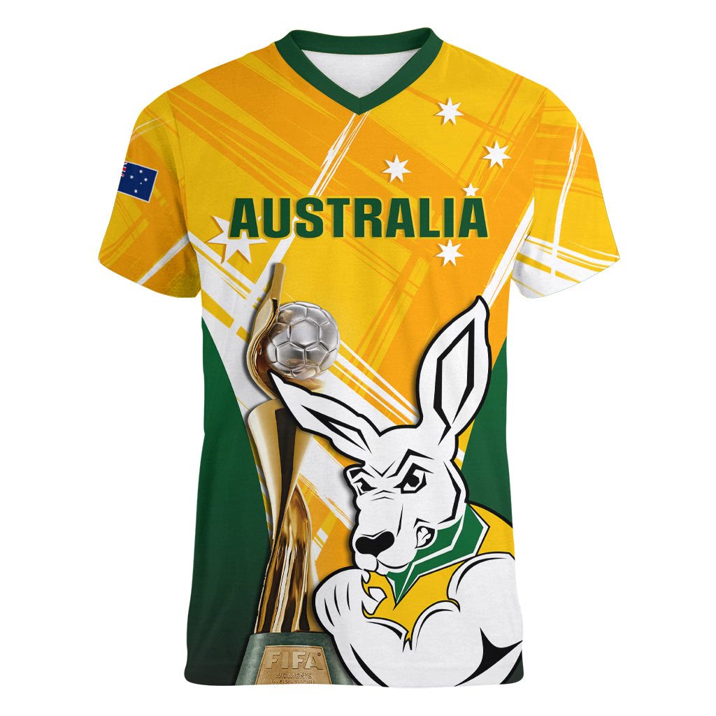 Custom Australia Soccer Women V Neck T Shirt Matildas Kangaroo With World Cup Trophy 2023 Yellow Version