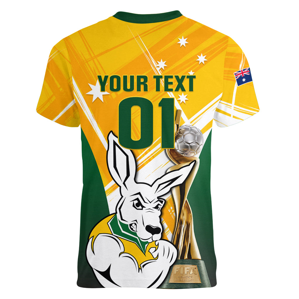 Custom Australia Soccer Women V Neck T Shirt Matildas Kangaroo With World Cup Trophy 2023 Yellow Version