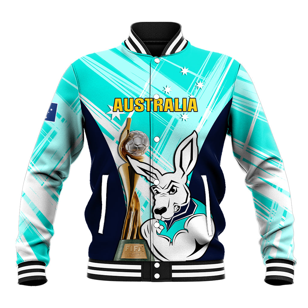 Custom Australia Soccer Baseball Jacket Matildas Kangaroo With World Cup Trophy 2023 Turquoise Version
