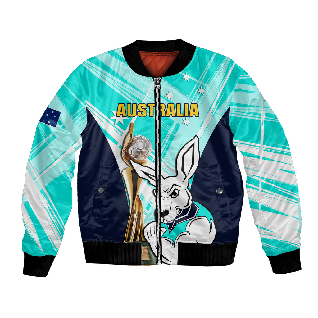 Custom Australia Soccer Bomber Jacket Matildas Kangaroo With World Cup Trophy 2023 Turquoise Version