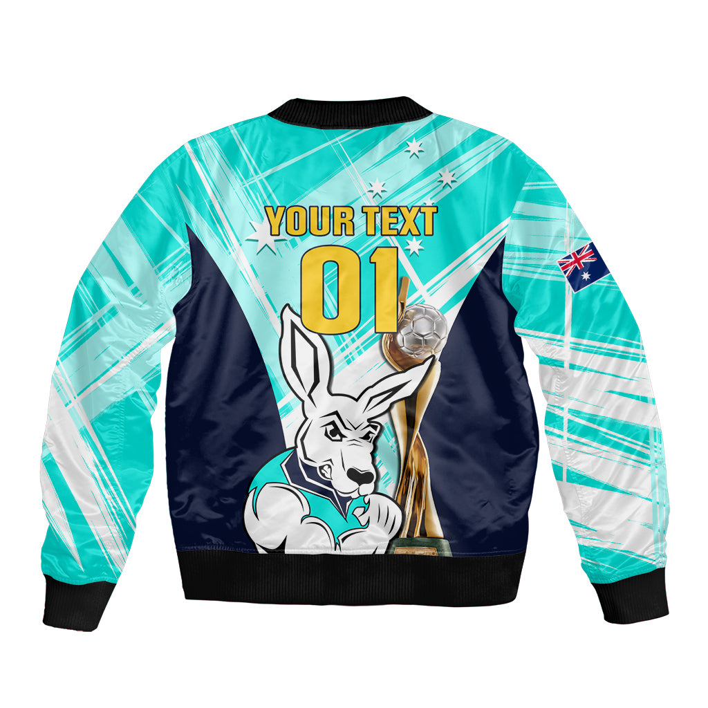 Custom Australia Soccer Bomber Jacket Matildas Kangaroo With World Cup Trophy 2023 Turquoise Version