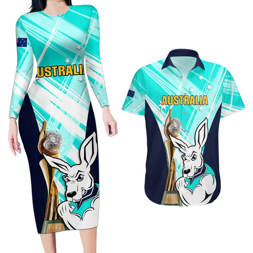Custom Australia Soccer Couples Matching Long Sleeve Bodycon Dress and Hawaiian Shirt Matildas Kangaroo With World Cup Trophy 2023 Turquoise Version