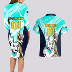 Custom Australia Soccer Couples Matching Long Sleeve Bodycon Dress and Hawaiian Shirt Matildas Kangaroo With World Cup Trophy 2023 Turquoise Version