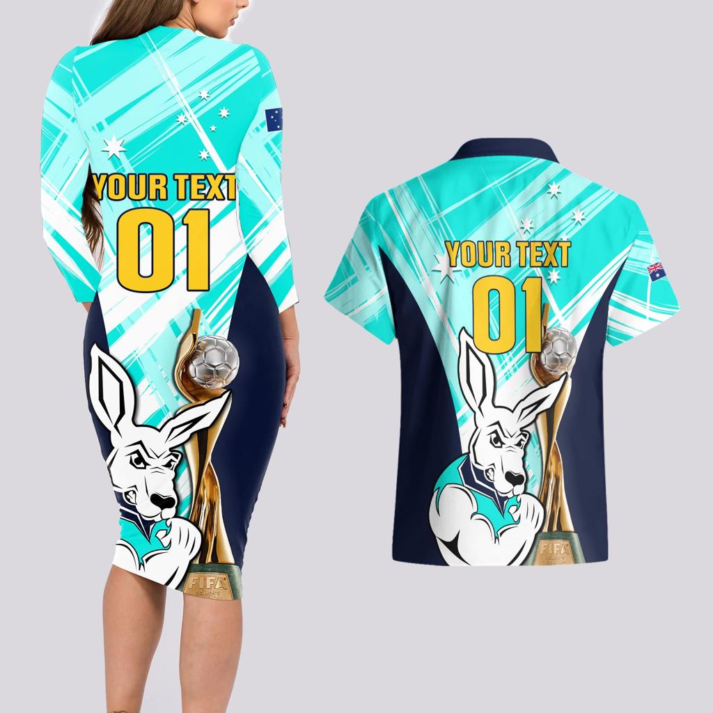 Custom Australia Soccer Couples Matching Long Sleeve Bodycon Dress and Hawaiian Shirt Matildas Kangaroo With World Cup Trophy 2023 Turquoise Version