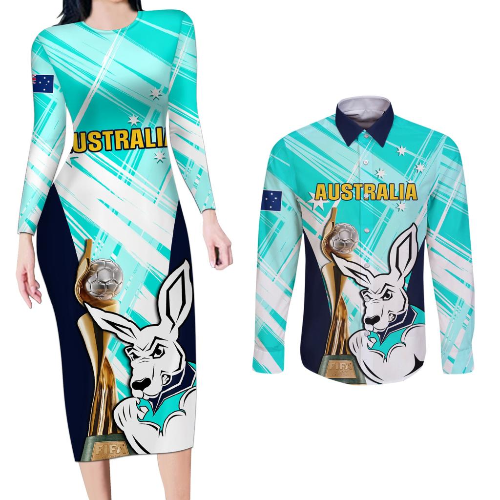 Custom Australia Soccer Couples Matching Long Sleeve Bodycon Dress and Long Sleeve Button Shirt Matildas Kangaroo With World Cup Trophy 2023 Turquoise Version