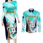 Custom Australia Soccer Couples Matching Long Sleeve Bodycon Dress and Long Sleeve Button Shirt Matildas Kangaroo With World Cup Trophy 2023 Turquoise Version