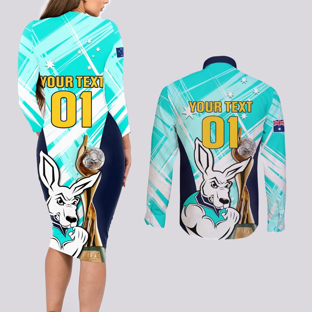 Custom Australia Soccer Couples Matching Long Sleeve Bodycon Dress and Long Sleeve Button Shirt Matildas Kangaroo With World Cup Trophy 2023 Turquoise Version