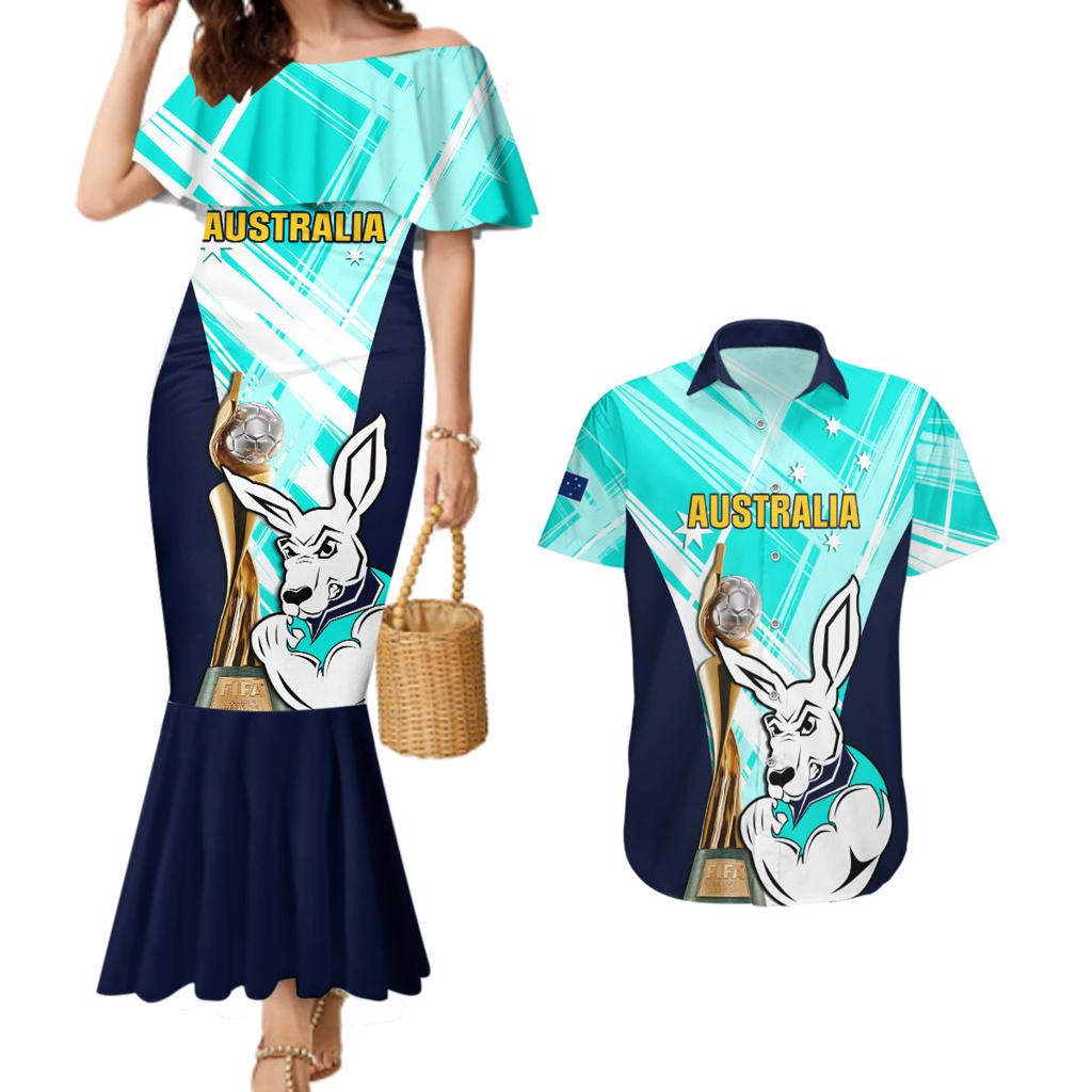 Custom Australia Soccer Couples Matching Mermaid Dress and Hawaiian Shirt Matildas Kangaroo With World Cup Trophy 2023 Turquoise Version