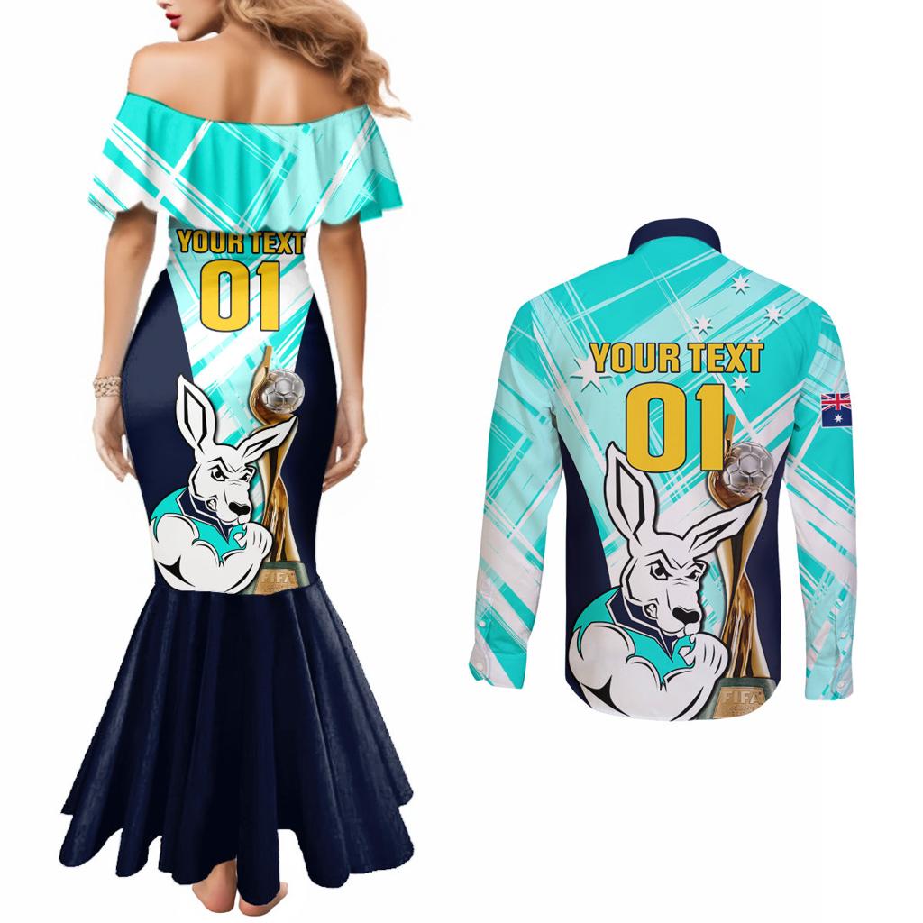 Custom Australia Soccer Couples Matching Mermaid Dress and Long Sleeve Button Shirt Matildas Kangaroo With World Cup Trophy 2023 Turquoise Version
