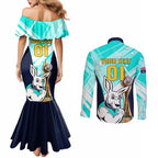 Custom Australia Soccer Couples Matching Mermaid Dress and Long Sleeve Button Shirt Matildas Kangaroo With World Cup Trophy 2023 Turquoise Version