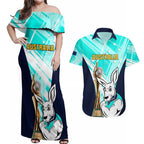 Custom Australia Soccer Couples Matching Off Shoulder Maxi Dress and Hawaiian Shirt Matildas Kangaroo With World Cup Trophy 2023 Turquoise Version