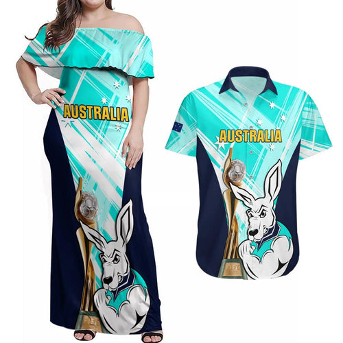 Custom Australia Soccer Couples Matching Off Shoulder Maxi Dress and Hawaiian Shirt Matildas Kangaroo With World Cup Trophy 2023 Turquoise Version