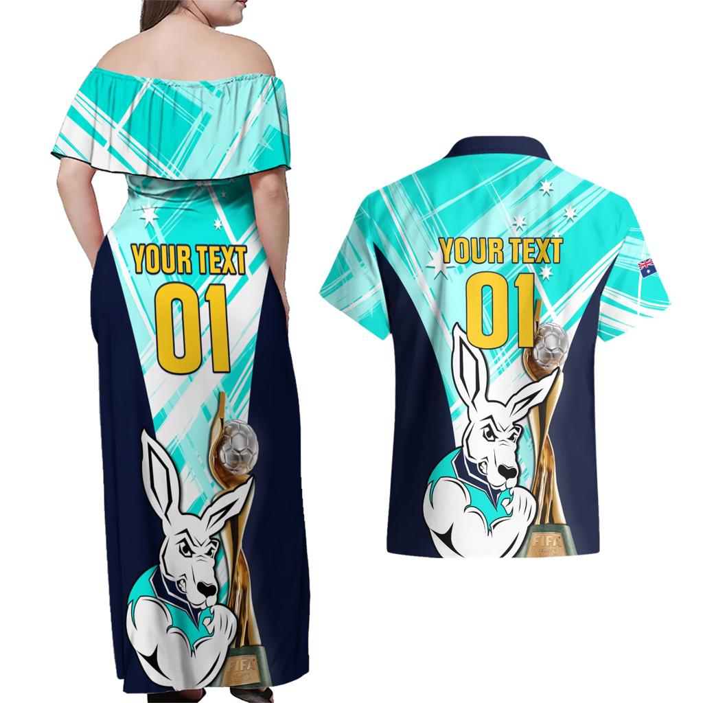 Custom Australia Soccer Couples Matching Off Shoulder Maxi Dress and Hawaiian Shirt Matildas Kangaroo With World Cup Trophy 2023 Turquoise Version
