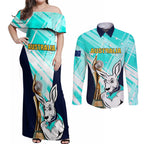 Custom Australia Soccer Couples Matching Off Shoulder Maxi Dress and Long Sleeve Button Shirt Matildas Kangaroo With World Cup Trophy 2023 Turquoise Version