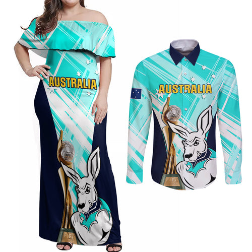Custom Australia Soccer Couples Matching Off Shoulder Maxi Dress and Long Sleeve Button Shirt Matildas Kangaroo With World Cup Trophy 2023 Turquoise Version