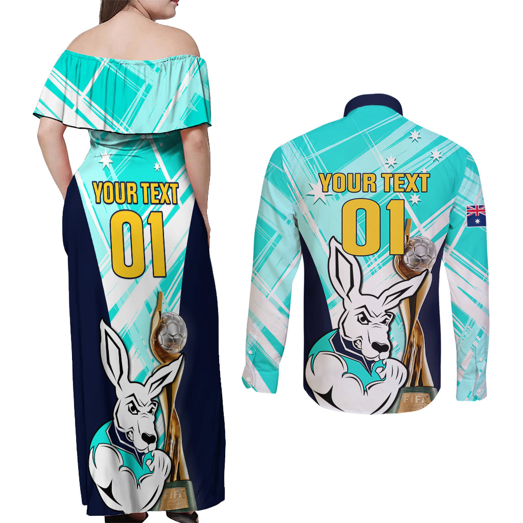 Custom Australia Soccer Couples Matching Off Shoulder Maxi Dress and Long Sleeve Button Shirt Matildas Kangaroo With World Cup Trophy 2023 Turquoise Version
