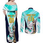 Custom Australia Soccer Couples Matching Off Shoulder Maxi Dress and Long Sleeve Button Shirt Matildas Kangaroo With World Cup Trophy 2023 Turquoise Version