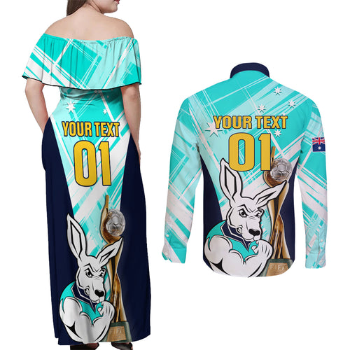 Custom Australia Soccer Couples Matching Off Shoulder Maxi Dress and Long Sleeve Button Shirt Matildas Kangaroo With World Cup Trophy 2023 Turquoise Version