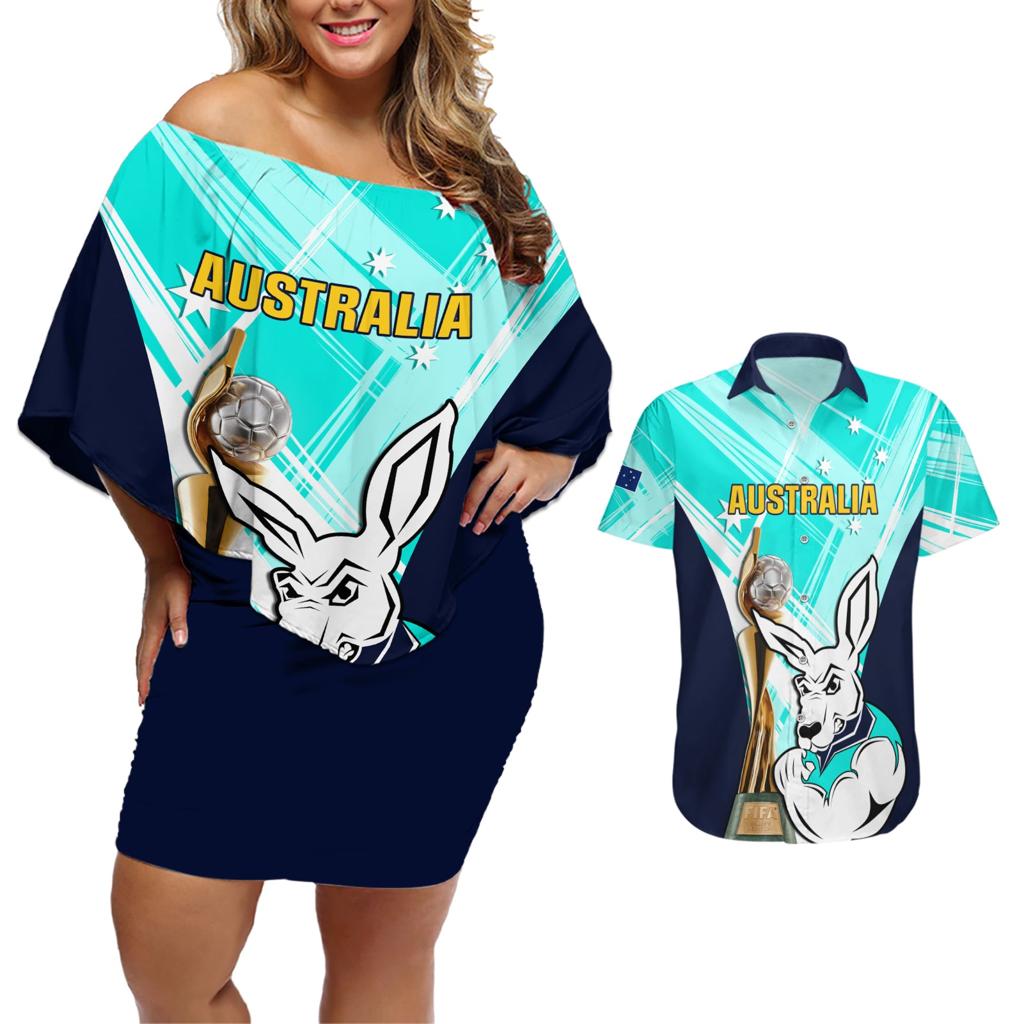 Custom Australia Soccer Couples Matching Off Shoulder Short Dress and Hawaiian Shirt Matildas Kangaroo With World Cup Trophy 2023 Turquoise Version