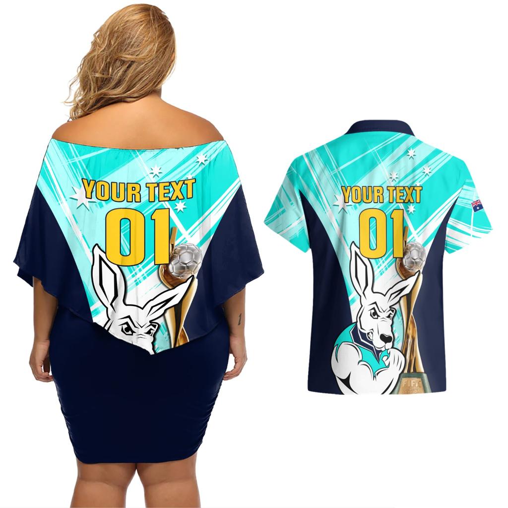Custom Australia Soccer Couples Matching Off Shoulder Short Dress and Hawaiian Shirt Matildas Kangaroo With World Cup Trophy 2023 Turquoise Version