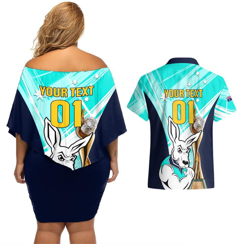Custom Australia Soccer Couples Matching Off Shoulder Short Dress and Hawaiian Shirt Matildas Kangaroo With World Cup Trophy 2023 Turquoise Version