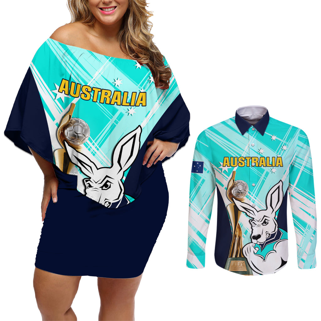Custom Australia Soccer Couples Matching Off Shoulder Short Dress and Long Sleeve Button Shirt Matildas Kangaroo With World Cup Trophy 2023 Turquoise Version