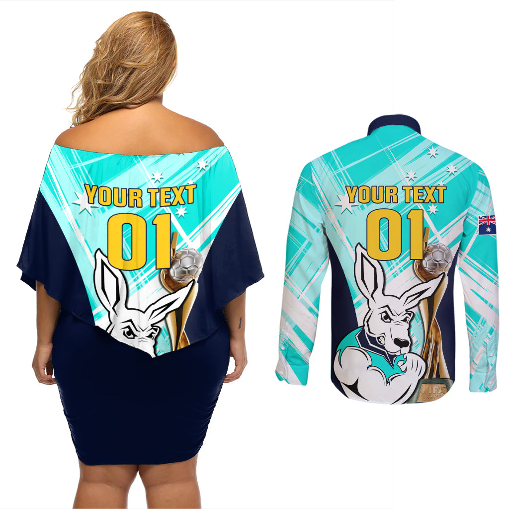 Custom Australia Soccer Couples Matching Off Shoulder Short Dress and Long Sleeve Button Shirt Matildas Kangaroo With World Cup Trophy 2023 Turquoise Version