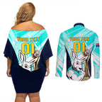 Custom Australia Soccer Couples Matching Off Shoulder Short Dress and Long Sleeve Button Shirt Matildas Kangaroo With World Cup Trophy 2023 Turquoise Version