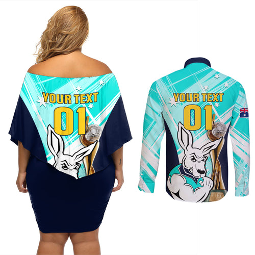 Custom Australia Soccer Couples Matching Off Shoulder Short Dress and Long Sleeve Button Shirt Matildas Kangaroo With World Cup Trophy 2023 Turquoise Version