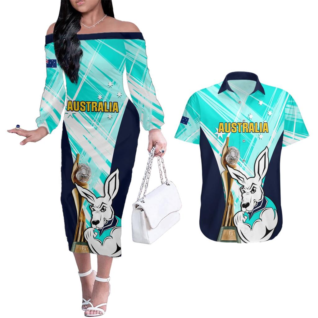 Custom Australia Soccer Couples Matching Off The Shoulder Long Sleeve Dress and Hawaiian Shirt Matildas Kangaroo With World Cup Trophy 2023 Turquoise Version