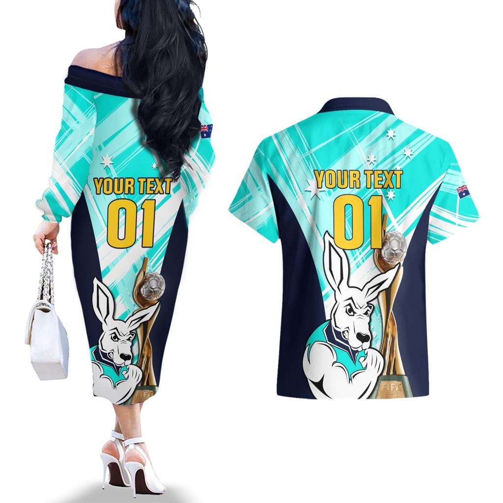 Custom Australia Soccer Couples Matching Off The Shoulder Long Sleeve Dress and Hawaiian Shirt Matildas Kangaroo With World Cup Trophy 2023 Turquoise Version