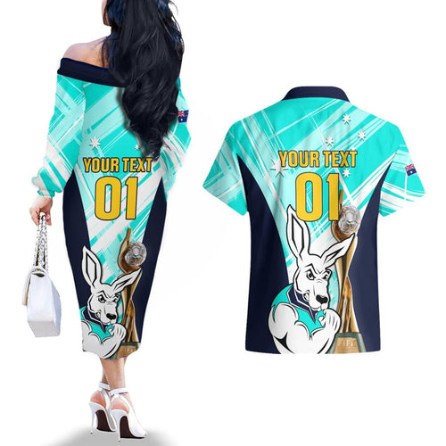 Custom Australia Soccer Couples Matching Off The Shoulder Long Sleeve Dress and Hawaiian Shirt Matildas Kangaroo With World Cup Trophy 2023 Turquoise Version