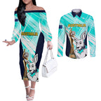 Custom Australia Soccer Couples Matching Off The Shoulder Long Sleeve Dress and Long Sleeve Button Shirt Matildas Kangaroo With World Cup Trophy 2023 Turquoise Version