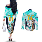 Custom Australia Soccer Couples Matching Off The Shoulder Long Sleeve Dress and Long Sleeve Button Shirt Matildas Kangaroo With World Cup Trophy 2023 Turquoise Version