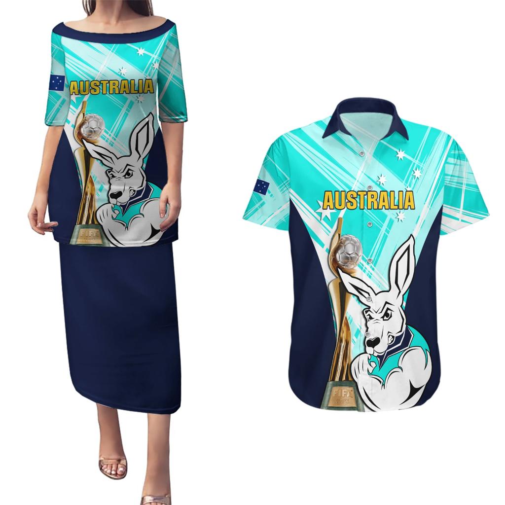 Custom Australia Soccer Couples Matching Puletasi and Hawaiian Shirt Matildas Kangaroo With World Cup Trophy 2023 Turquoise Version