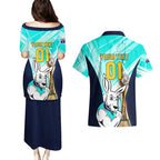 Custom Australia Soccer Couples Matching Puletasi and Hawaiian Shirt Matildas Kangaroo With World Cup Trophy 2023 Turquoise Version